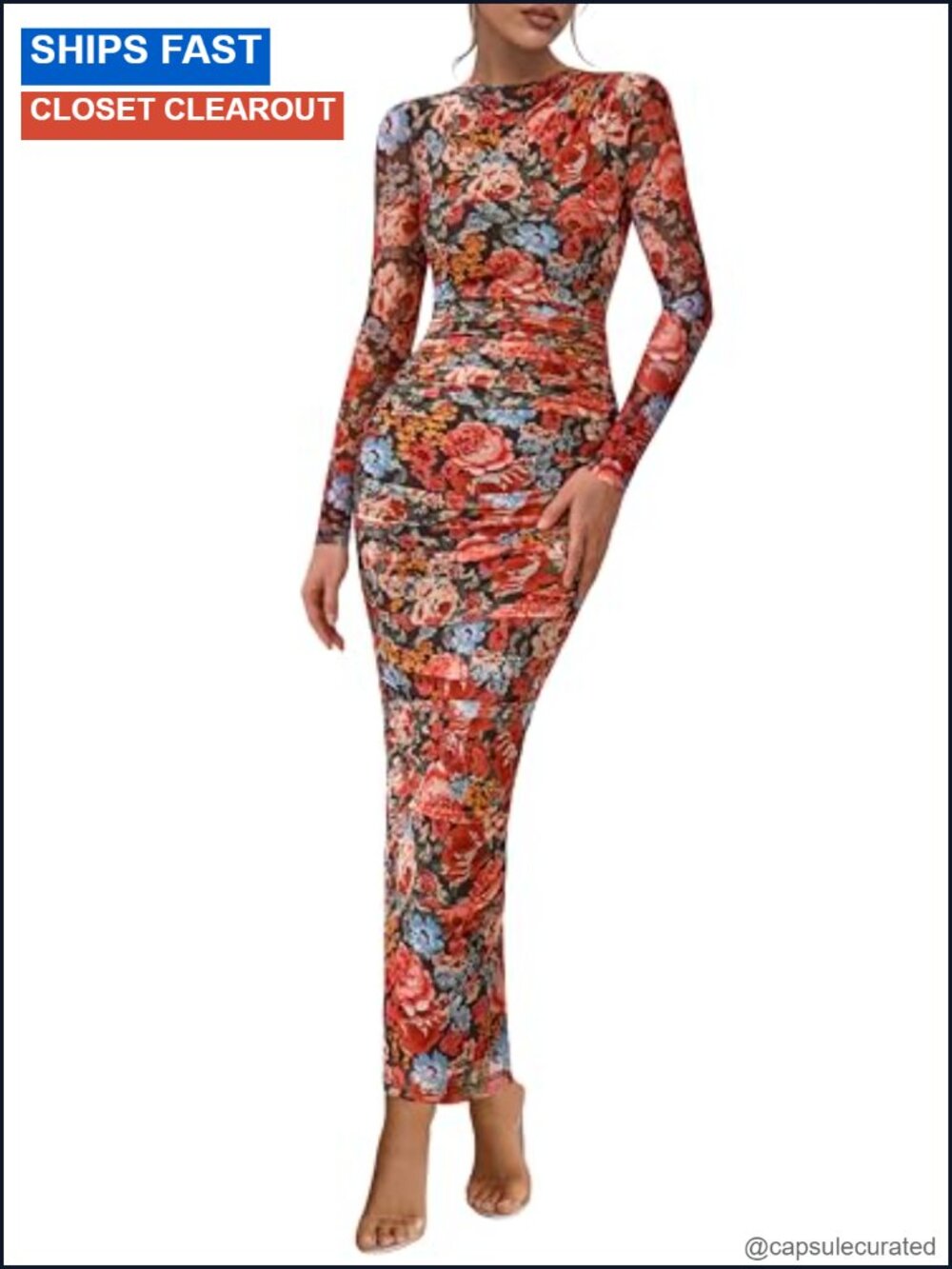 Women's Long Sleeve Maxi Dress Mock Neck Ruched Bodycon Back Slit